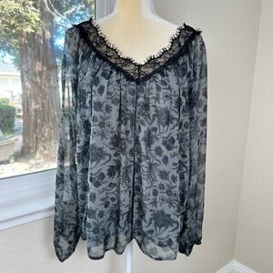 ASTR The Label Floral Lace Chiffon Blouse‎ Women L Black Sheer Whimsygoth Boho